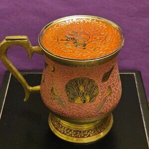 Indian Brass Lidded Elephant and Peacock Mug